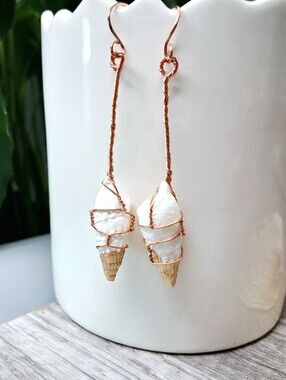 Copper Wire White Shell Cone Dangle Earrings